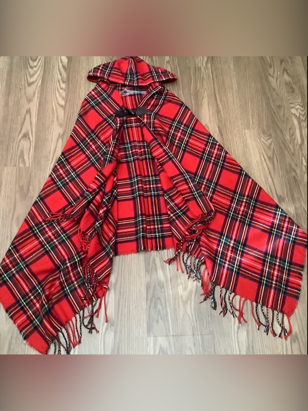 Red Plaid Tartan Christmas Hooded Poncho Shawl Fringed Edges Medium